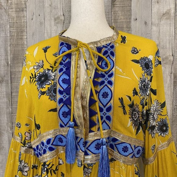 A & B Yellow, blue and gold floral "boho chic" open bell sleeve cardigan - Picture 9 of 9